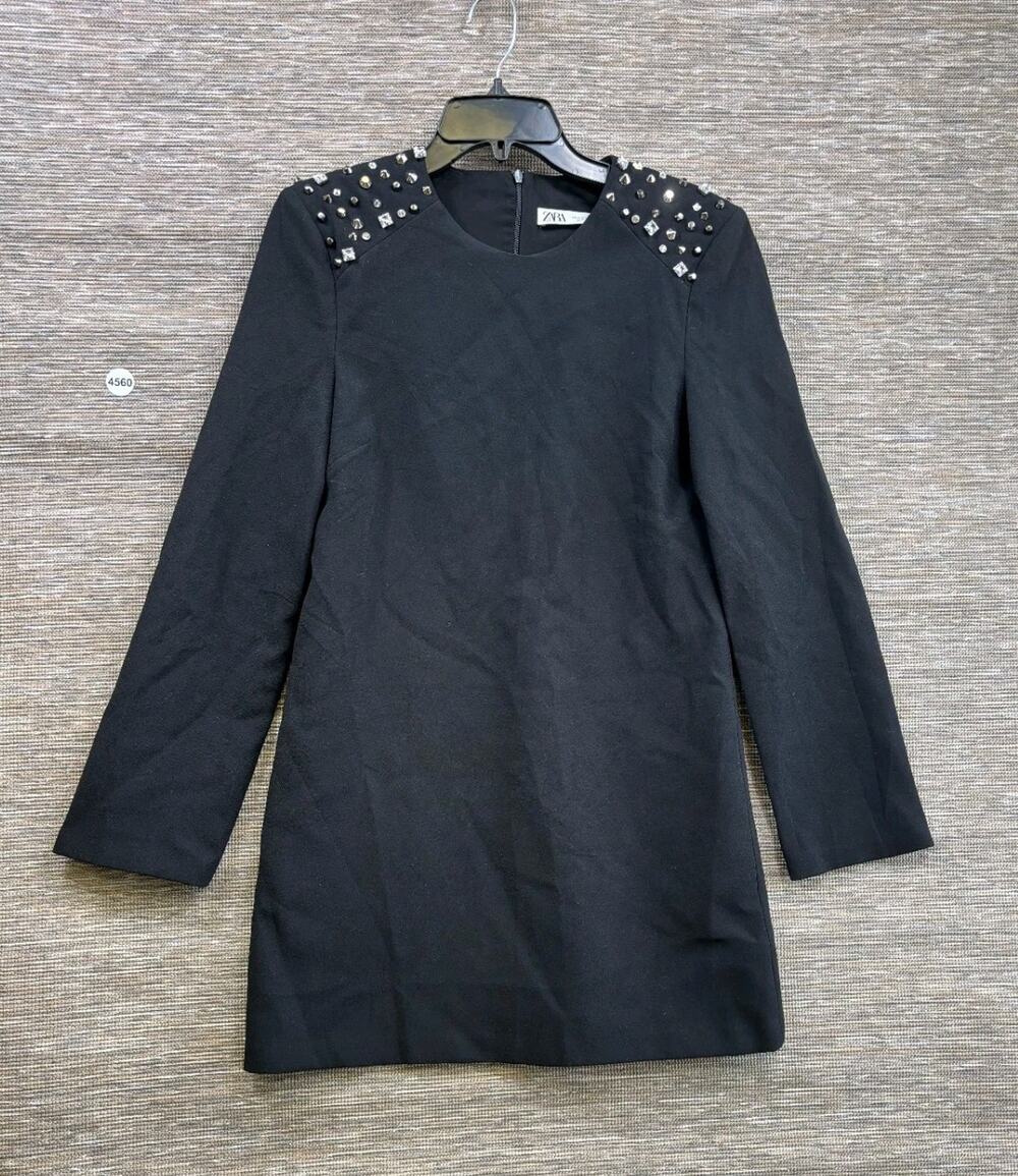 Zara Studded Mini Elevated Dress Womens Size M Black Rhinestone Long Sleeve NEW